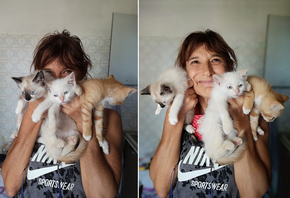 .Monica con tre gattini durante una visita domiciliare (provincia di Cesena)