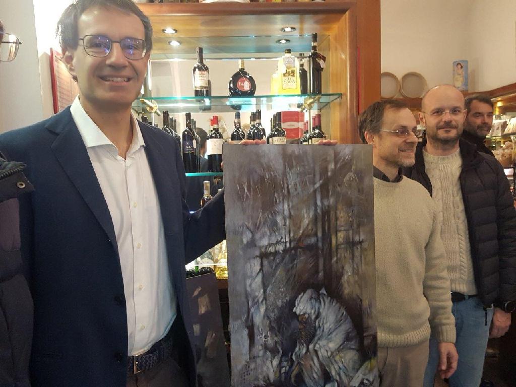 Aperitivo alla Pasticceria Pagani di Parma con i tre autori del docufilm Mt Sicuri - L'ultimo Diogene, 1-12-2018 (foto Giovanni Ferraguti)