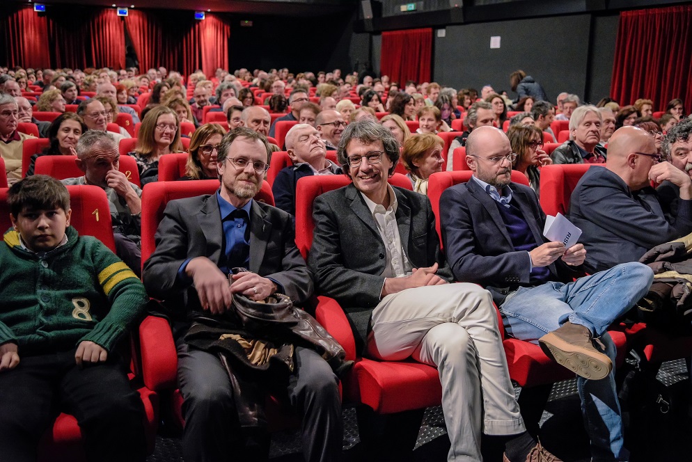 Dradi, Marcheselli e Cavaciuti alla prima visione (sold out) del loro film Mt Sicuri al Cinema Astra di Parma, 28-3-2019 (foto Enrico Gabbi)