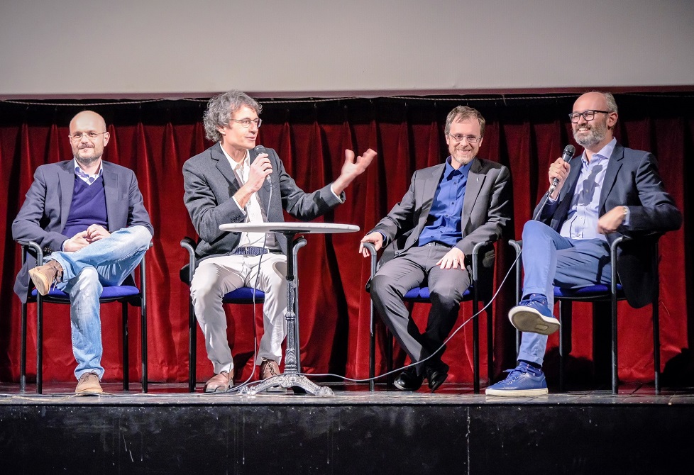 I 3 autori del docufilm Mt Sicuri col critico cinematografico Filiberto Molossi, premire al Cinema Astra, 28-3-2019 (foto Enrico Gabbi)