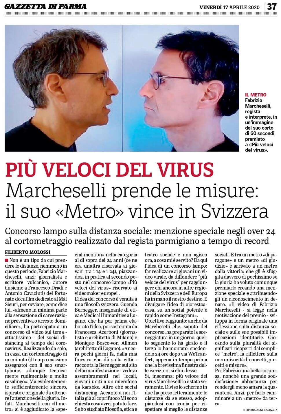 Il metro, corto sul Coronavirus premiato a #piuvelocidelvirus in Svizzera: articolo di Filiberto Molossi, Gazzetta di Parma, 17-4-2020