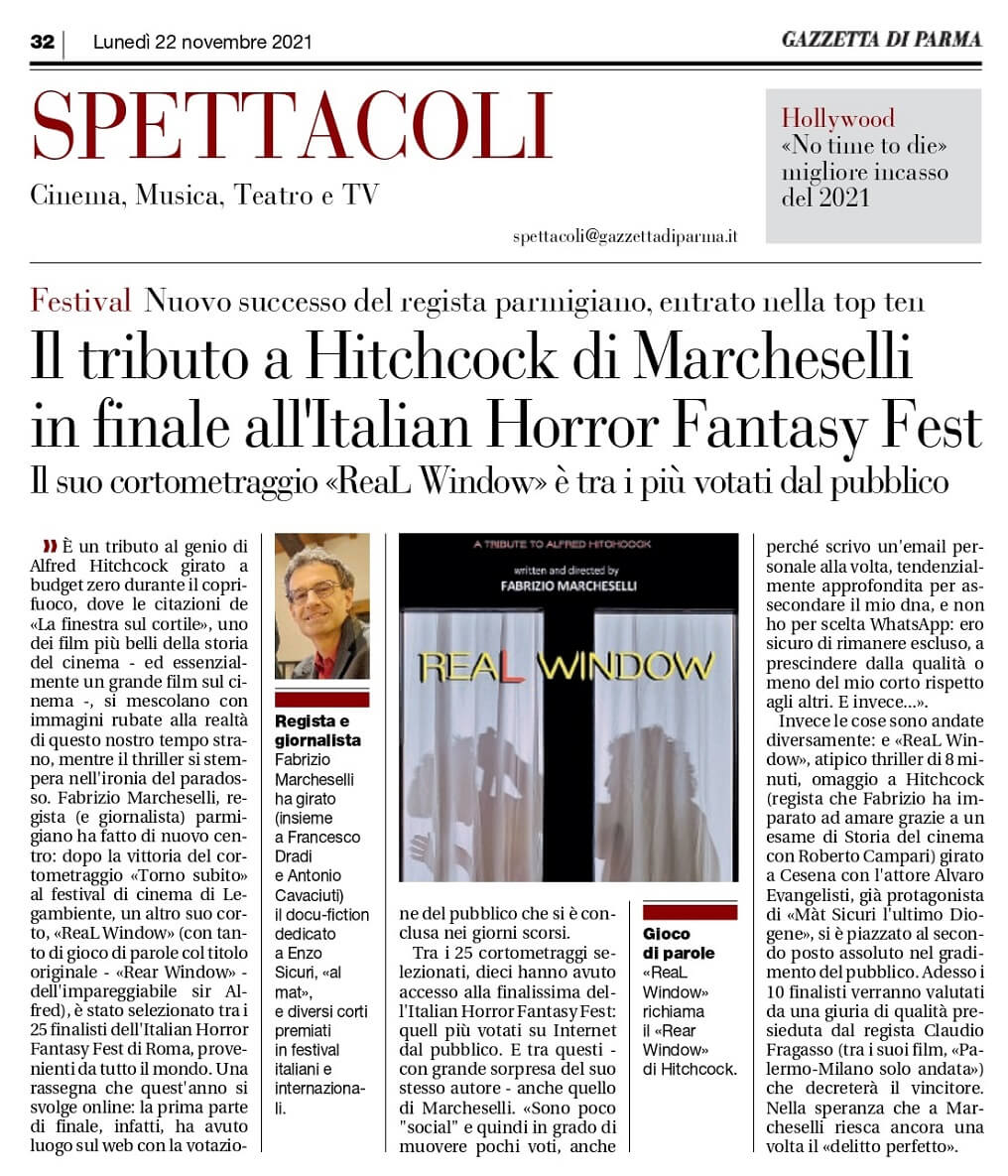 ReaL Window di Fabrizio Marcheselli, finale allIHFF - Italian Horror Fantasy Fest di Roma, articolo sulla Gazzetta di Parma, 22-11-2021