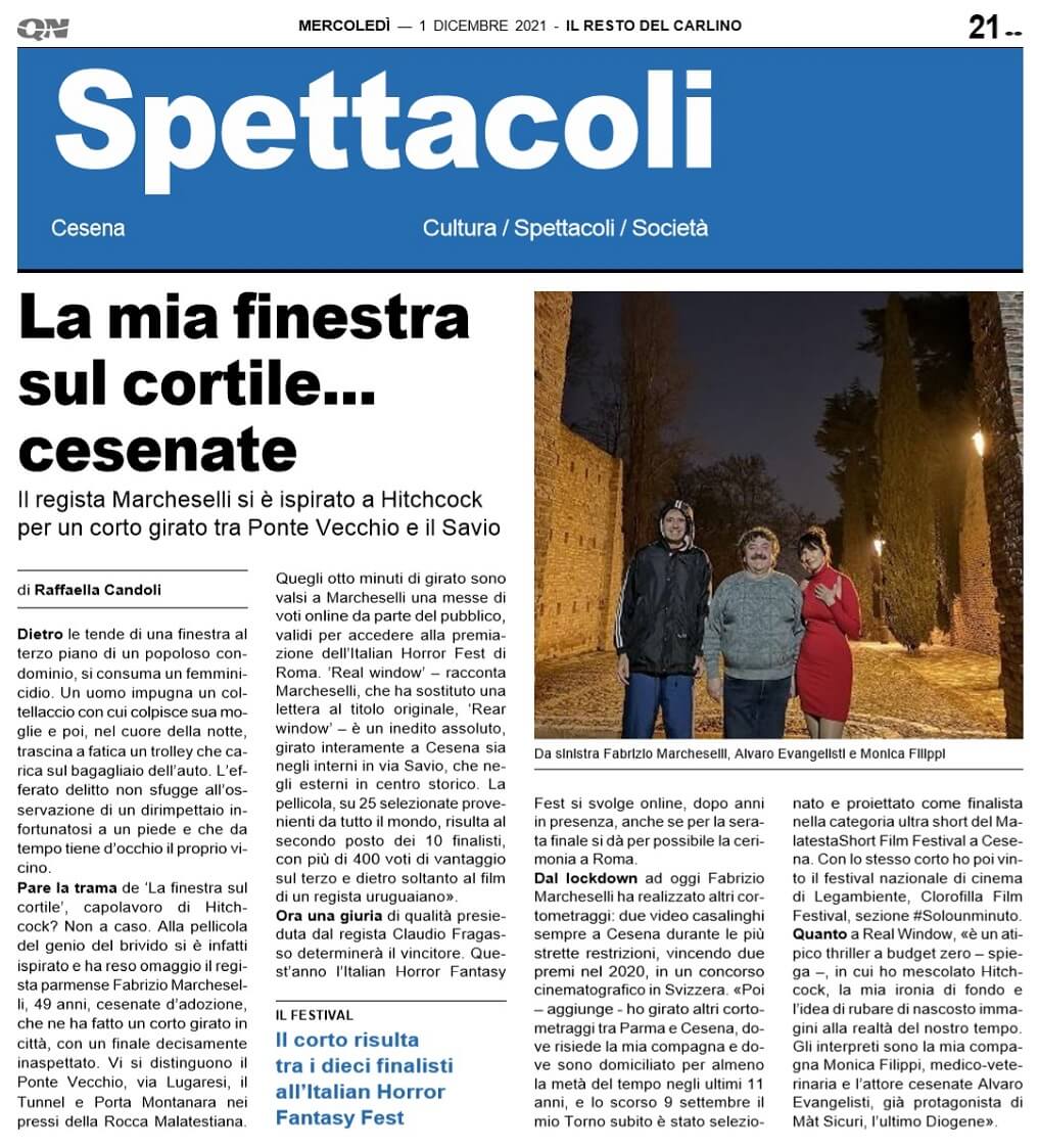 ReaL Window su QN - Il Resto del Carlino, in un articolo di Raffaella Candoli che racconta i luoghi delle riprese a Cesena, 1-12-2021