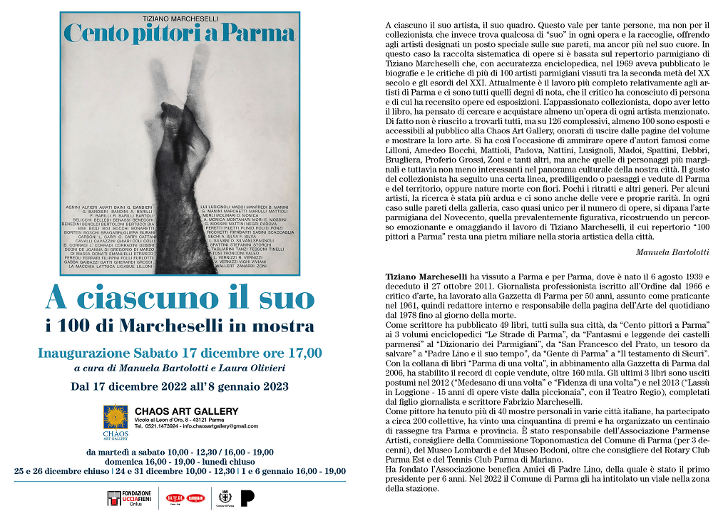 Invito de I 100 di Marcheselli, mostra darte ispirata al libro Cento pittori a Parma (1969), Chaos Art Gallery dal 17-12-2022 all'8-1-2023