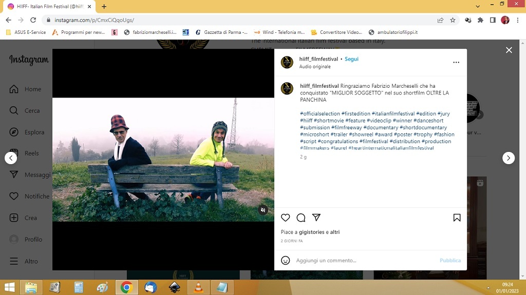 Video di ringraziamento di Fabrizio Marcheselli sullInstagram dellHIIFF Heart International Italian Film Festival per il corto Oltre la Panchina, vincitore del miglior soggetto