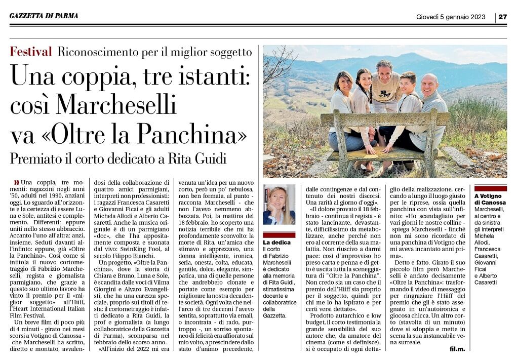 La vittoria di Oltre la Panchina allHIIFF raccontata sulla Gazzetta di Parma dal critico cinematografico Filiberto Molossi, 5-1-2023
