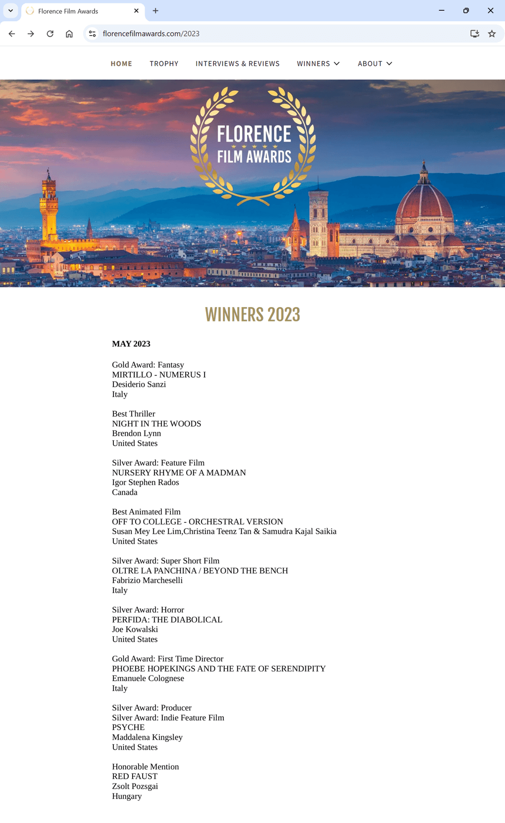 Il festival Florence Film Awards premia con il �silver award� il corto �Oltre la Panchina� di Fabrizio Marcheselli, maggio 2023