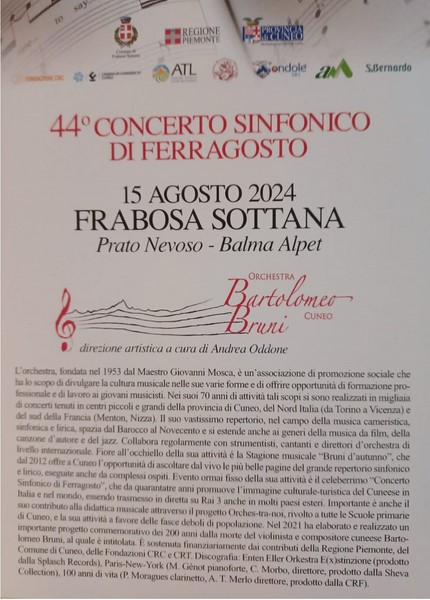 44° CONCERTO DI FERRAGOSTO 2024 BALMA ALPET FRABOSA SOTTANA ORCHESTRA BARTOLOMEO BRUNI DI CUNEO