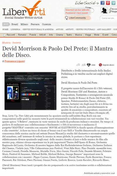 DEVID MORRISON & PAOLO DEL PRETE: IL MANTRA DELLE DISCO. (press /stampa / web/ magazine)